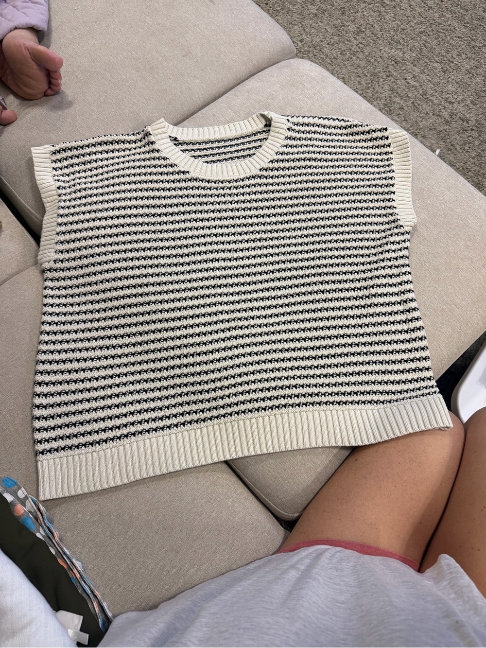 Amazon Cream and Black Striped Sleeveless Knit Top